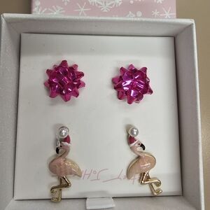 NWT Betsey Johnson 2PC Christmas Earring Set Pink Flamingo Santa Hat Bow Studs